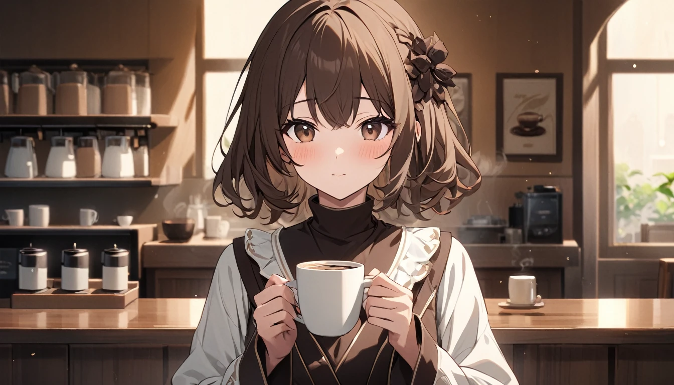 **283. One person。Coffee personification。Warm、The embodiment of aromatic coffee。Cowboy shot or close-up。
masterpiece, best quality, ultra detailed (Detailed fingers), (Emotional), (Breathtakingly beautiful),
(main part: 1.2 Whole body。), (Anime Style), (Very detailed), (Coffee Personification),
(超High resolution, High resolution), (8k), (High resolution: 1.2), (Complex and beautiful: 1.2)**
- background: A warm cafe、A relaxing space filled with aromas。
- Personification: Young woman, around 18 years old、Wearing a dark brown cup-shaped outfit。
-pose: Holding a steaming cup in both hands。
-expression: A calm expression that exudes comfort、Relaxed posture。
- Effects: The aroma rising from the cup is visualized.、Surrounding Effects。
-color: Dark brown and cream white、A color that symbolizes the richness of coffee。