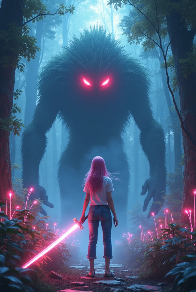 (animation:1.4), vibrant fantasy forest, magical atmosphere, glowing plants, long pink hair, white skin, 18-year-old girl, wearing a white short-sleeve t-shirt and denim pants, with a small side bag, holding a semi-realistic fantasy sword with a glowing blade, facing off against a large creature with glowing red eyes, intense and determined expression, dynamic battle-ready pose, sword in hand, creature in background, mystical lighting, vibrant colors, cinematic composition, by Hayao Miyazaki, by Yoshitaka Amano