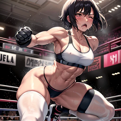 two bloody beautiful Japanese female heavyweight fighters are fighting in the octagon fighting ring of underground arena with audience. a fighter is beated by bodyblow from another fighter. survival battle. whole body picture. they are covered in scars and bruises. they are damaged terribry. Short-cut black hair, out of breath, drooling from mouth, one eye is closed, exhausted, drenched in sweat. Erect nipples. open finger glove. Ragged white and pink lined sports bra, high leg panty, Stockings. armwarmers. small breasts, armwarmers. Whittled waistline, muscular, six-pack abs, very thick arms and thighs, super huge tits.