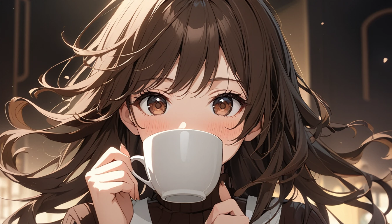 **283. One person。Coffee personification。Warm、The embodiment of aromatic coffee。Cowboy shot or close-up。  
masterpiece, best quality, ultra detailed (Detailed fingers), (Emotional), (Breathtakingly beautiful),  
(main part: 1.2 Whole body。), (Anime Style), (Very detailed), (Coffee Personification),  
(超High resolution, High resolution), (8k), (High resolution: 1.2), (Complex and beautiful: 1.2)**
- background: A warm cafe、A relaxing space filled with aromas。
- Personification: Young woman, around 18 years old、Wearing a dark brown cup-shaped outfit。
-pose: Holding a steaming cup in both hands。
-expression: A calm expression that exudes comfort、Relaxed posture。
- Effects: The aroma rising from the cup is visualized.、Surrounding Effects。
-color: Dark brown and cream white、A color that symbolizes the richness of coffee。

