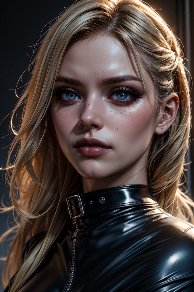 cowboy shot,a pretty 21 year old girl,blond hair,blue eyes,lora_Emma,slim athletic body,tight and stretched white shirt with buttons,button gap,short sleeves,ultra low rise black shiny latex pants,(double metal belt),empty studio,(best quality,4k,8k,highres,masterpiece:1.2),ultra-detailed,(realistic,photorealistic,photo-realistic:1.37),dramatic lighting,cinematic,fashion photography,studio lighting,high contrast,vivid colors,beautiful detailed eyes,beautiful detailed lips,extremely detailed eyes and face,long eyelashes, hair on one side, touching hair