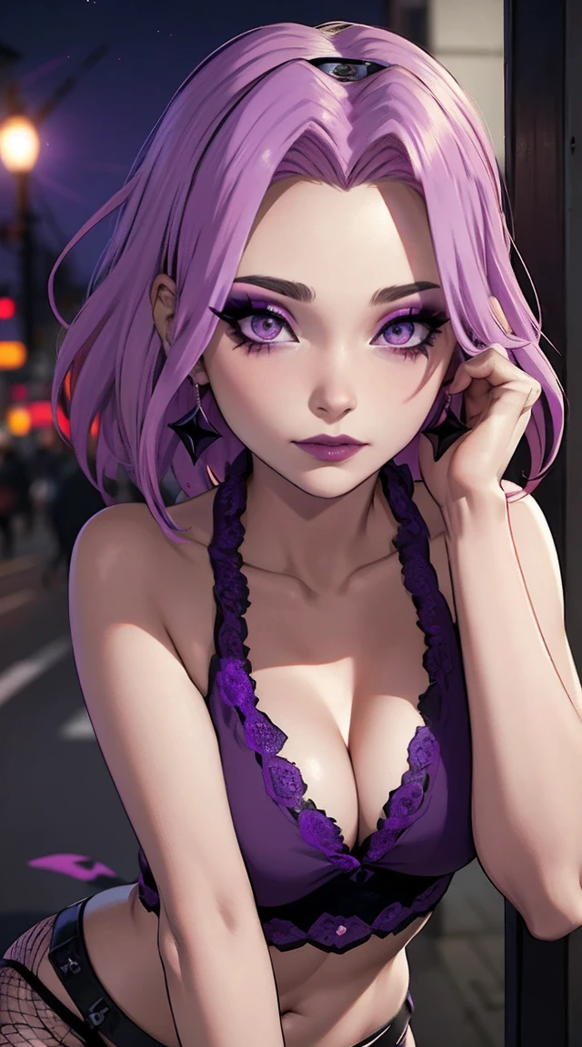 tmasterpiece, Best quality at best, 1girll, Sakura Haruno, Large ,prostit,(cleavage),(upperbeup),Raised sexy,is shy,smile,with piair, long whitr hair, (Green eyeballs:1.4), Forehead protection,nighttime, city,deep cleavageevealing clothes, whoostitute makeup:1.3), ((purple eyeshadstitute), slutty, midriff, prostitute, slutty ostick, fishneng, piercings, moy expressionck and purple eyeshadow:1.5),