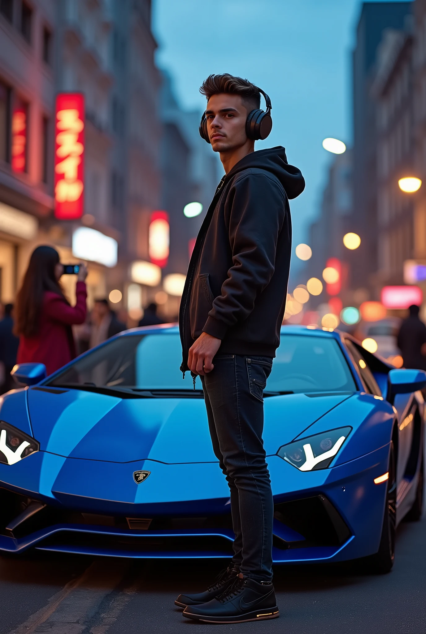 (photorealism:1.2), handsome boy, printing t-shirts and tight scars jeans, standing beside his lambo car(glossy blue sky), (random camera angle), smokes streets, girls are taking his picture by cellphones, the traffic lights and marks, low angle camera shots, headphones, nike black sneakers, car lights in the streets at nights