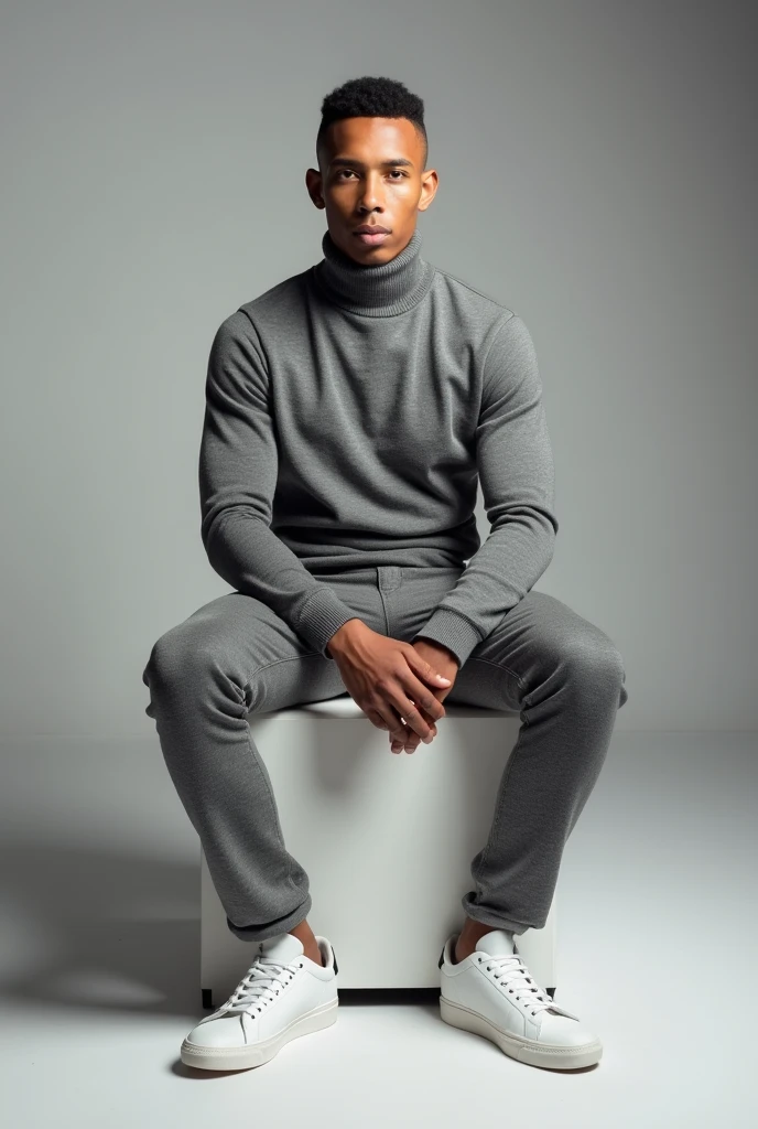 best qualityer:1.4), (ultra high resolution:1.2), (photorrealistic:1.4), (8k, CRU photo:1.2), a thin young man of 20 years old, Light brown skin, with a smooth, beardless face, with short hair, with shaved sides and a slightly short top, similar to the fade or taper haircut style, gray long sleeve turtleneck shirt, Gray pants, White sneakers, is sitting on a white chair. You are in a photography studio with a gray background