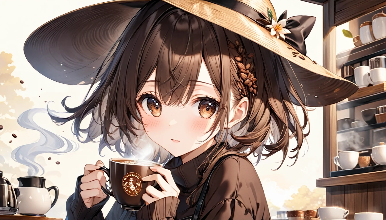 **283. One person。Coffee personification。Warm、The embodiment of aromatic coffee。Cowboy shot or close-up。  
masterpiece, best quality, ultra detailed (Detailed fingers), (Emotional), (Breathtakingly beautiful),  
(main part: 1.2 Whole body。), (Anime Style), (Very detailed), (Coffee Personification),  
(超High resolution, High resolution), (8k), (High resolution: 1.2), (Complex and beautiful: 1.2)**
- background: A warm cafe、A relaxing space filled with aromas。
- Personification: Young woman, around 18 years old、Wearing a dark brown cup-shaped outfit。
-pose: Holding a steaming cup in both hands。
-expression: A calm expression that exudes comfort、Relaxed posture。
- Effects: The aroma rising from the cup is visualized.、Surrounding Effects。
-color: Dark brown and cream white、A color that symbolizes the richness of coffee。
