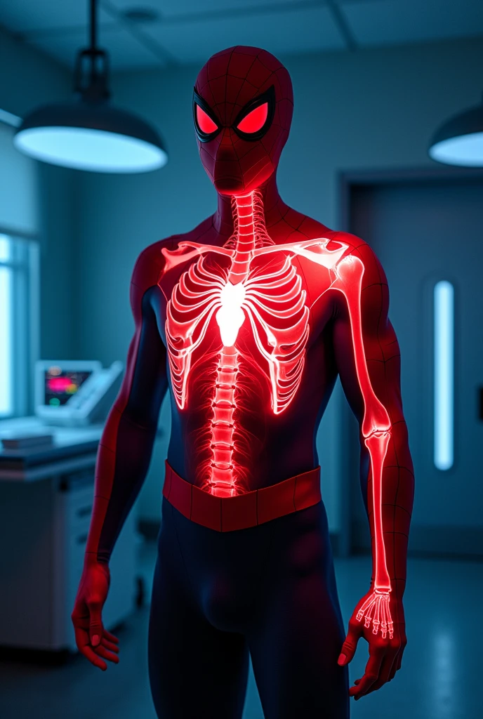 Spiderman, upper body shown in front view, with his left shoulder shown as X ray image, more details on the X ray image showing all the bones muscles and tendons of the shoulder, background in a X ray imaging room, do not tilt his body, X ray image side of shoulder spotlighted in red light