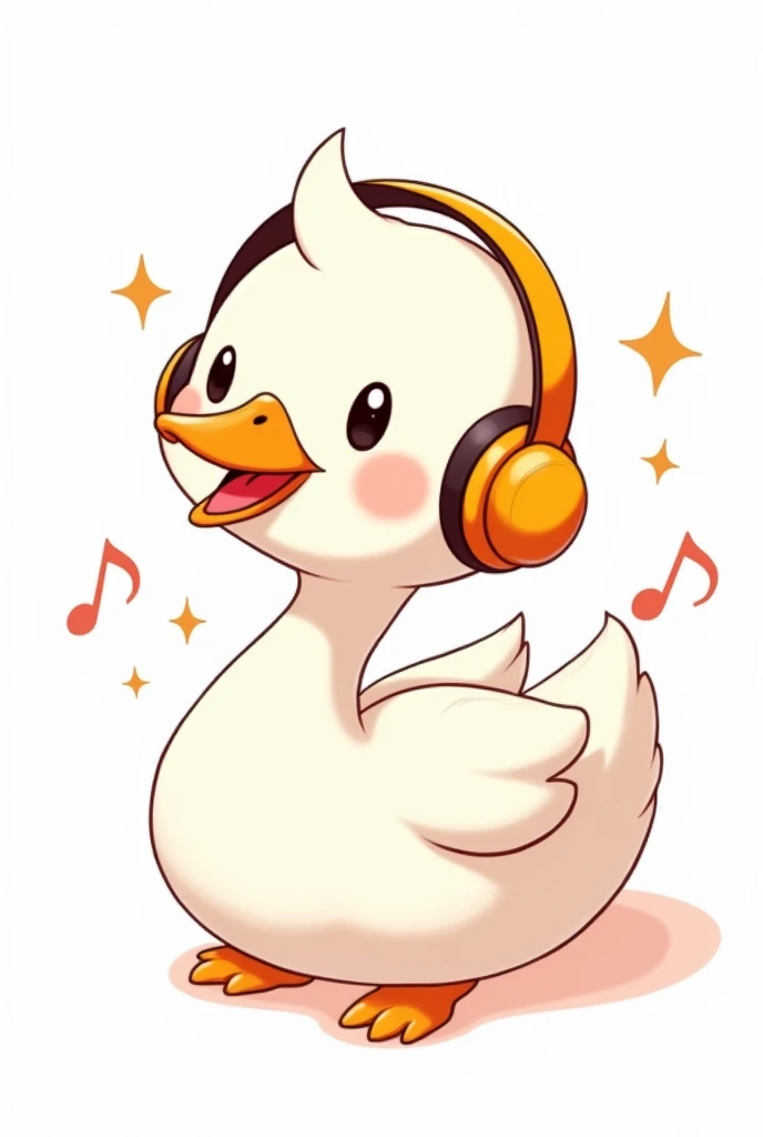 Anime of a white swan with a headset in orange colors, yellow, dark orange and black. white image background, only the highlighted drawing. IT NEEDS TO BE CUTE, sweet and smiling 