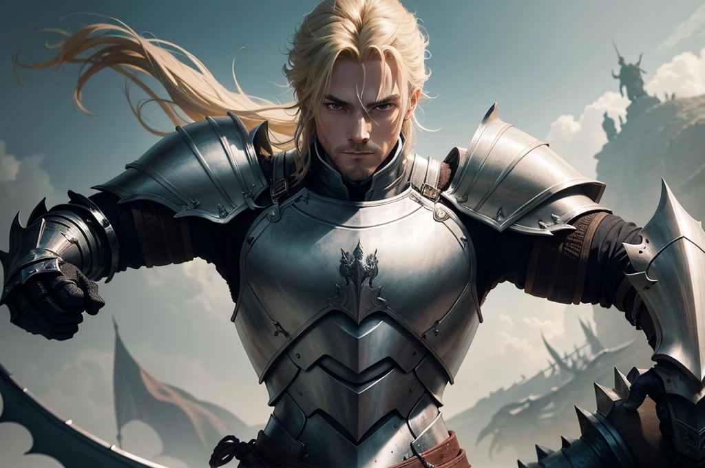 knight looking forward holding long sword, lightweight armour, without a helmet, blond man, stark, dragon eyes in the background looking forward, hyper detailled, Conceptual art portrait with 4k resolution, absurd resolution