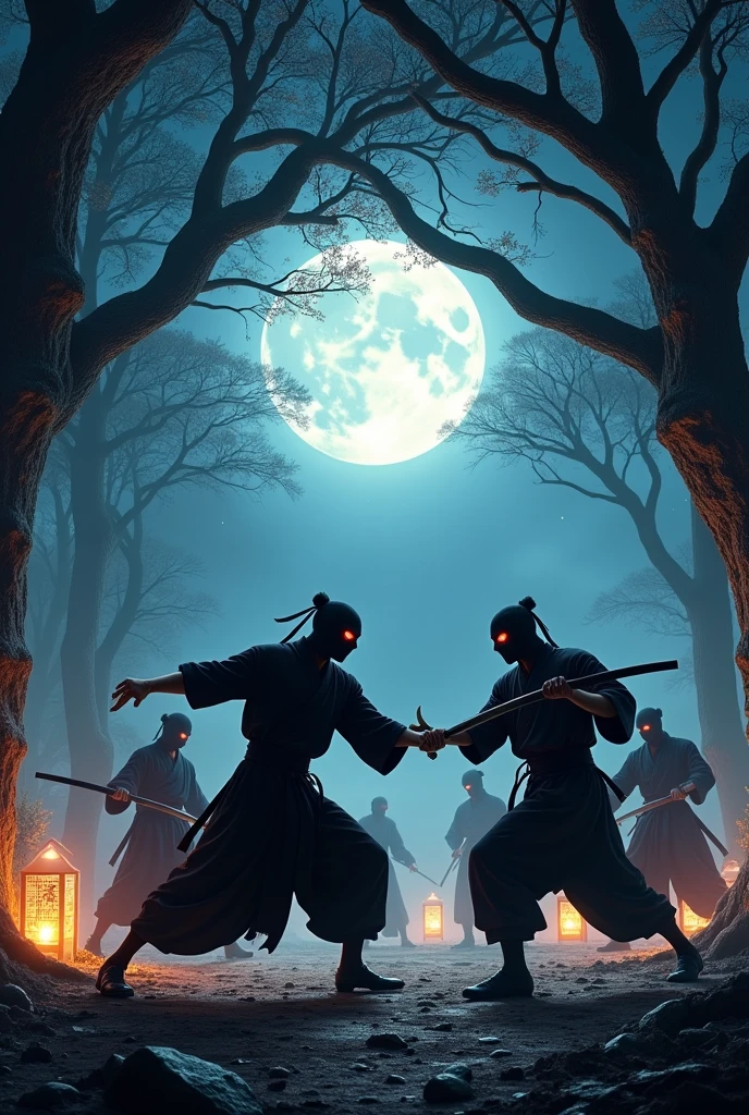 Japanese ninja training head-on with other ninjas at night