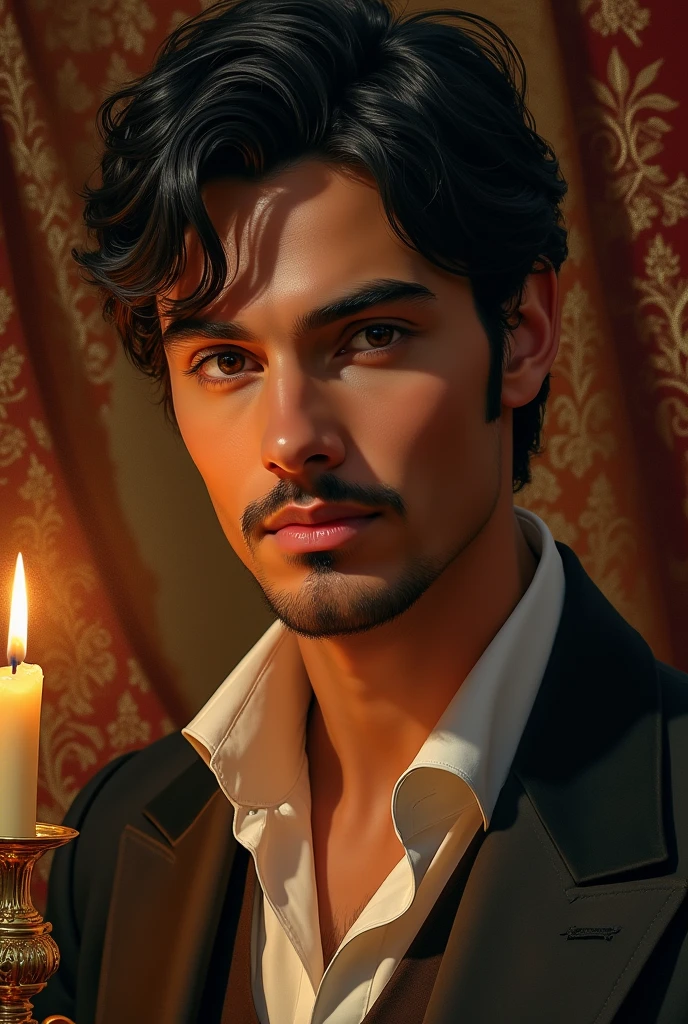 An oil painting of a version of a prince with short black hair, eyes browns, brown skin with thin mustache and goatee.