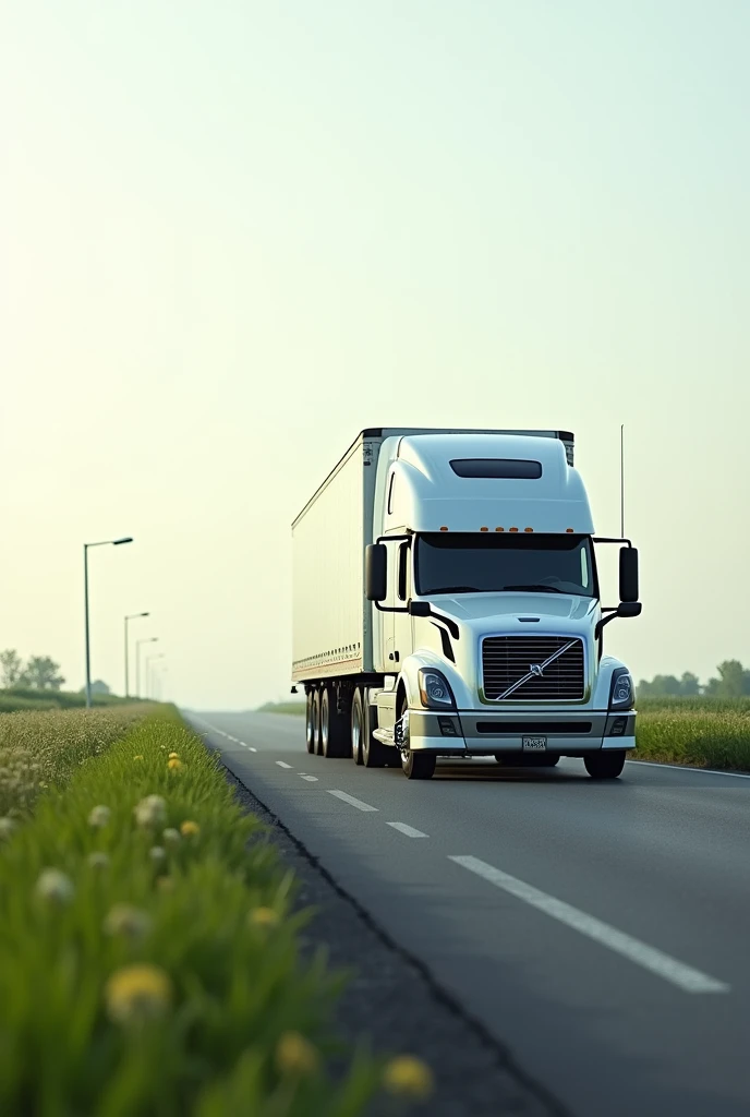 a road with an almost white sky with green grass and a white truck with a close approach of the truck showing the right side of the truck closer the focus of the truck