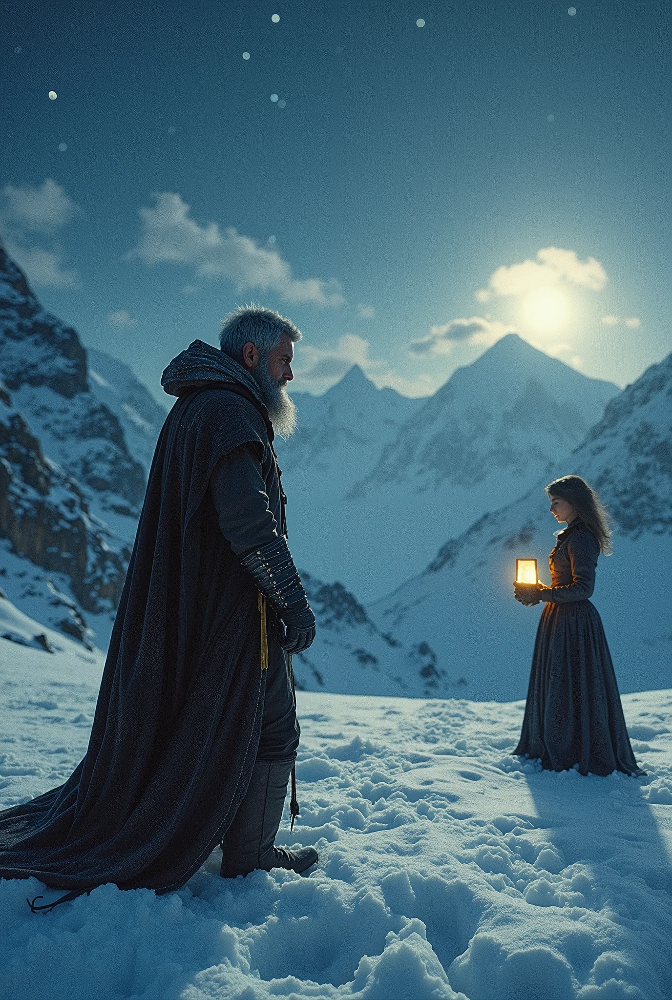 35mm film photography, A  snowy mountain landscape under a starry night sky. A  bearded mountain man Homeless hooded cloak middle-aged walker lonely takes a step outside, his breath visible in the cold air., studio lighting, copy background, professional grading, advertising, cinematic angle composition, 50mm, high detail, vibrant color palette, close up, wide-angle shot, lens flare, 3D effect ultra-detailed intricate insanely full HD, full body portrait, hyperrealist artwork, photorealistic digital painting cinematic film light, expressive eyes, A whimsical Victorian gothic steampunk, adorned in a golden jacket, captured in a low-angle shot. Surreal lighting casts enchanting shadows, enhancing her cute yet mysterious aura, In the museum city a night a woman hand holding a polaroid picture of a bearded mountain man grinding on the top, Carlos Catasse, holography, bearded mountain man photography, a polaroid photo, 3D effect ultra-detailed intricate insanely full HD, golden ratio, volumetric modeling, spotlight embroidery, accents, intense gaze, digital painting cinematic film light, expressive eyes, ultra-realistic, ultra detailed, photorealistic, , surreal, , indie film screencap, adventure, epic fantasy edge of reality, 