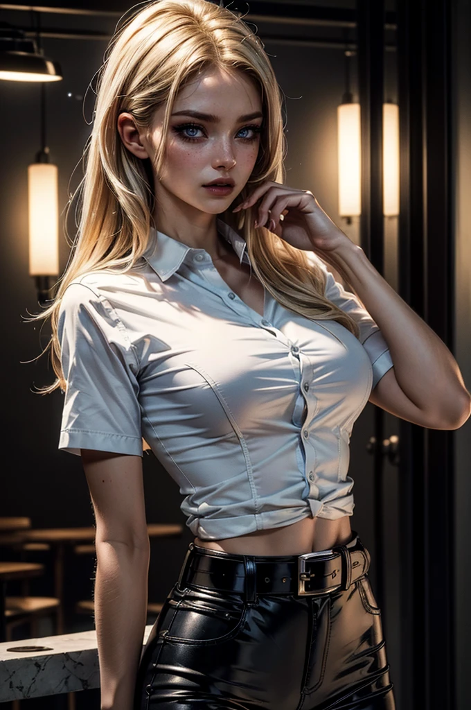 cowboy shot,a pretty 21 year old girl,blond hair,blue eyes,lora_Emma,slim athletic body,tight and stretched white shirt with buttons,button gap,short sleeves,ultra low rise black shiny latex pants,(double metal belt),empty studio,(best quality,4k,8k,highres,masterpiece:1.2),ultra-detailed,(realistic,photorealistic,photo-realistic:1.37),dramatic lighting,cinematic,fashion photography,studio lighting,high contrast,vivid colors,beautiful detailed eyes,beautiful detailed lips,extremely detailed eyes and face,long eyelashes, hair on one side, touching hair