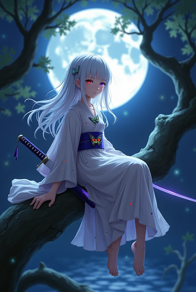 girl with white hair with butterfly haori with one purple eye and one red eye and purple katana and butterfly brooch green and blue long hair sitting on a tree at night