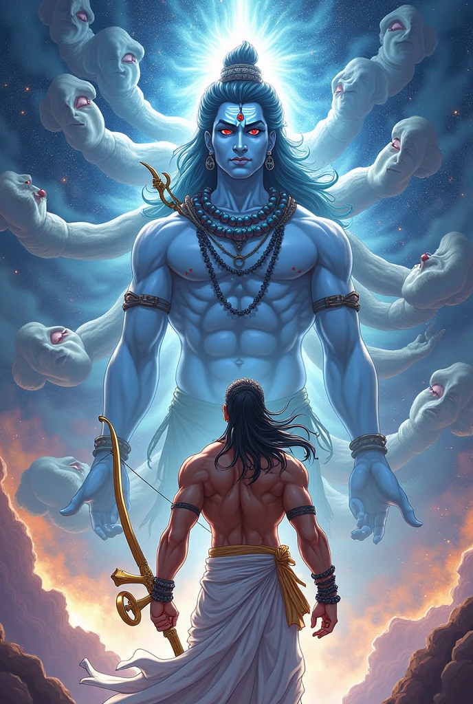 Create the image of the magician Shantih by invoking a Pashupatastra with the following instructions:
#Appearance The wizard Shantih wears ordinary white clothing and a necklace with large beads. (japamala), closely resembling a Buddhist preacher. Furthermore, presents a third eye (bindi) and a great muscular build, which makes others mistake him for a martial artist. He's bald and doesn't have a beard.
Pashupatastra is an astra , a heavenly missile, affiliated with the Hindu deity Shiva , bem como Kali e Adi Parashakti , that can be triggered by the mind, through the eyes, by words or by a bow. Should never be used against lesser enemies or by lesser warriors. (humans), Pashupatastra is capable of destroying creation and defeating all beings. It is one of the six Mantramukta weapons that cannot be resisted..
It is the most powerful astra of Shiva, and the embodiment of his energy and power. When fired, a manifestation of Shiva appears in the sky with a thousand heads., thousand eyes, a thousand stomachs and a thousand feet. Possesses the absolute power capable of annihilating anything, including divine entities and universal creation itself. This weapon had to be obtained directly from Shiva.
attention : Shantih is holding the golden bow Gandiva and aiming at the Pashupatastra like an arrow. The manifestation of the thousand heads of Shiva is right behind the character. Place multiple Shiva faces in the image. It needs to be quite extravagant as described and unrealistic. Both Shantih and Shiva face the viewer. They are an anime drawing.