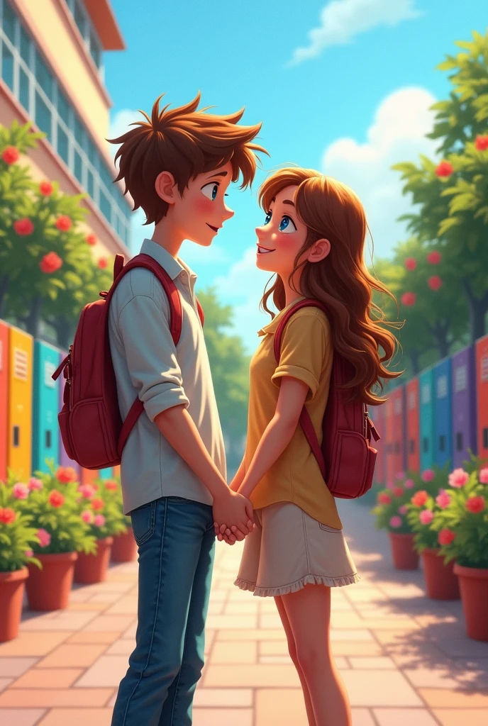Two age lovers holding hands smiling at a school