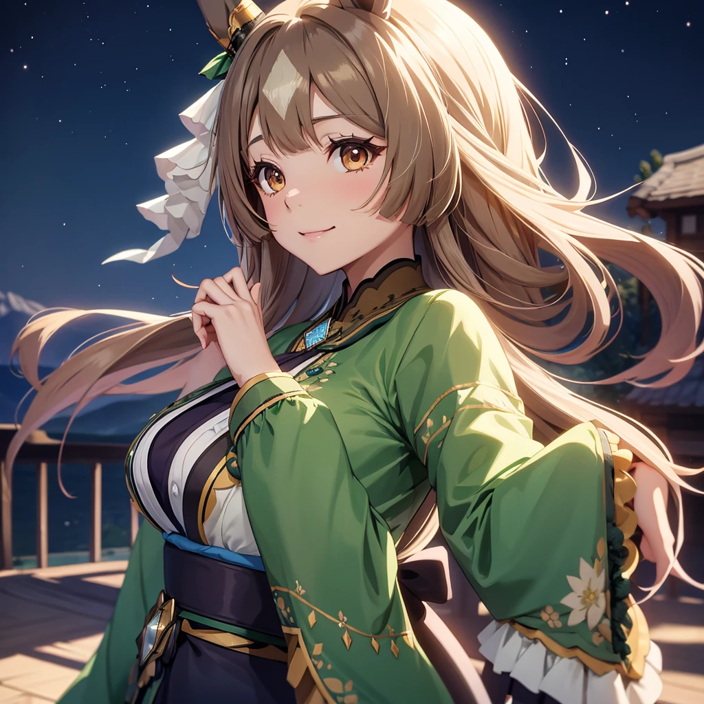 Satono Diamond、Uma Musume、A beautiful mature woman with beautiful breasts wearing a green kimono with long sleeves that cover her hands。A large white ribbon on the back of the head。Burikko Pose。Hide your hands in your sleeves。Chest acupuncture。A hill with a view of the night scenery。Brown long hair。bow。Brown Eyes。A big smile。has horse ears