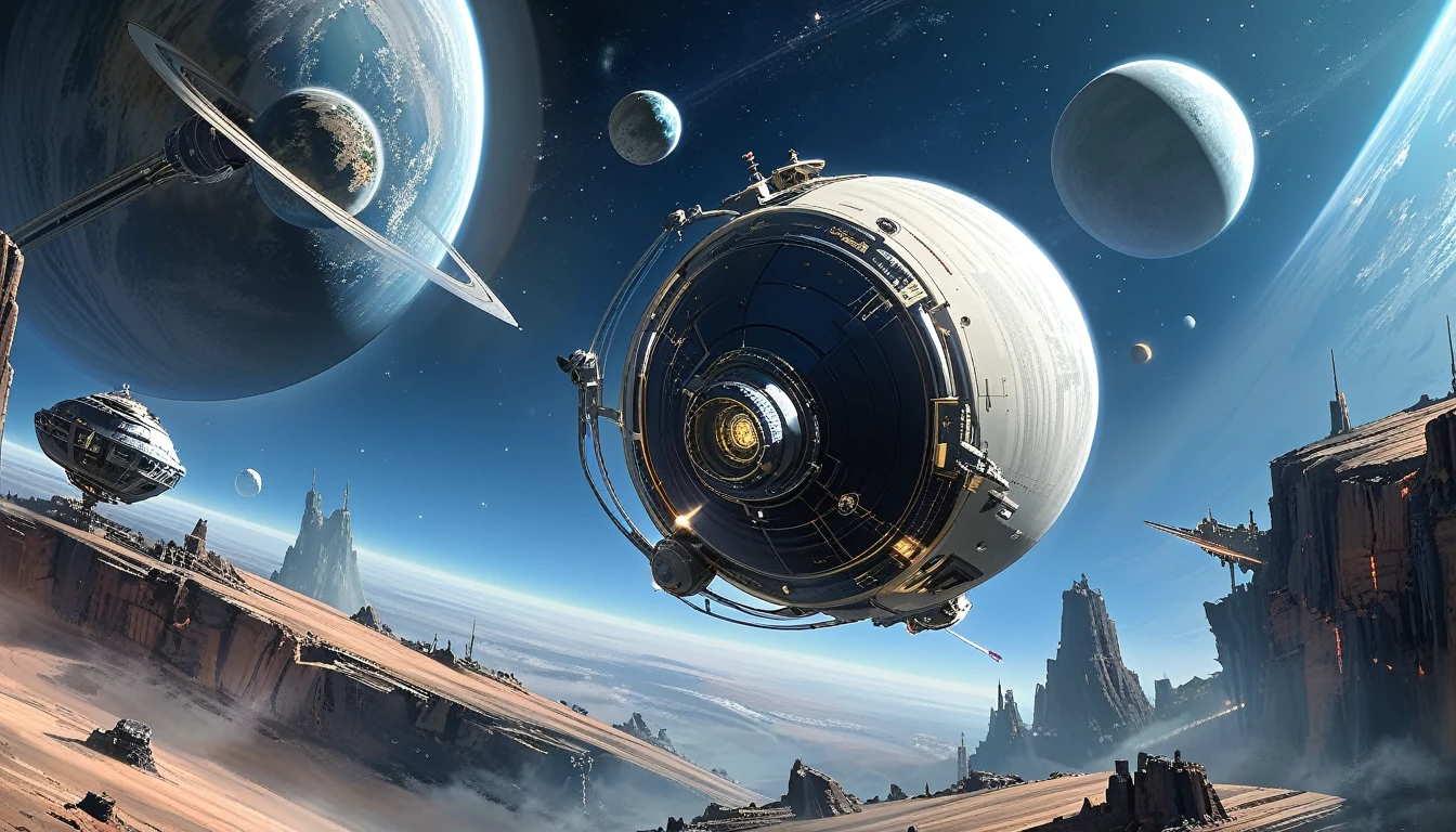 emispherical spacecraft, orbiting a planet, a moon in the background