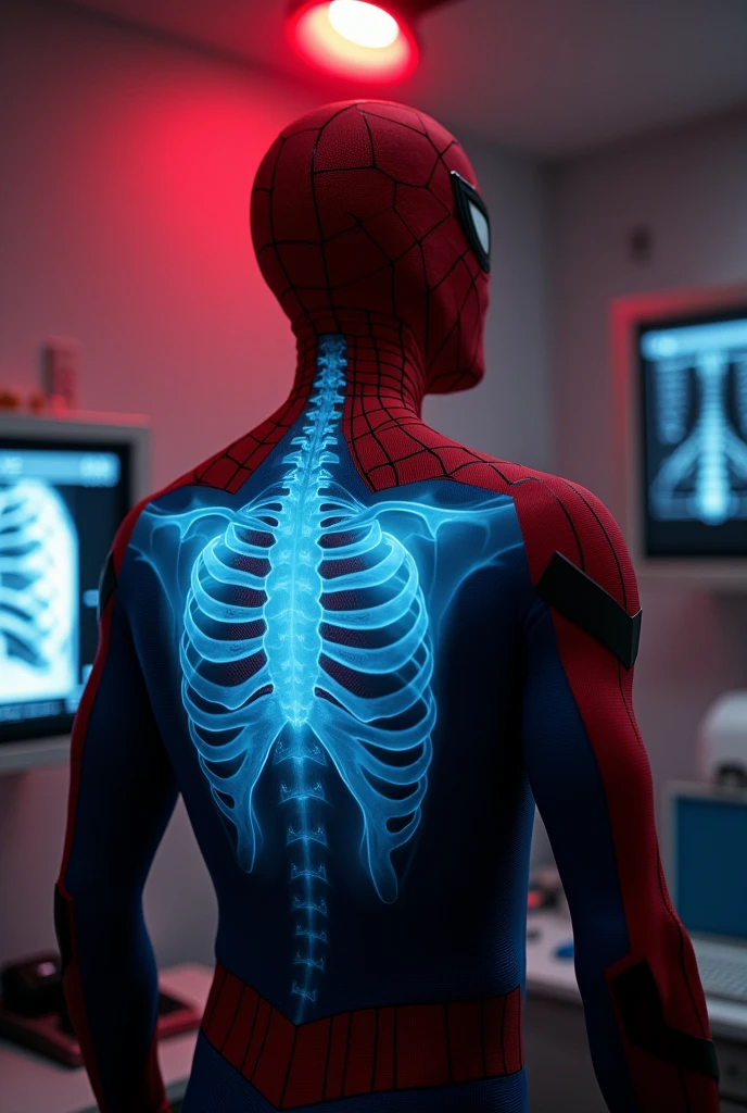 Spiderman, upper body shown in front view, with his left shoulder shown as X ray image, more details on the X ray image showing all the bones of the shoulder, background in a X ray imaging room, do not tilt his body, X ray image side of shoulder spotlighted in red light