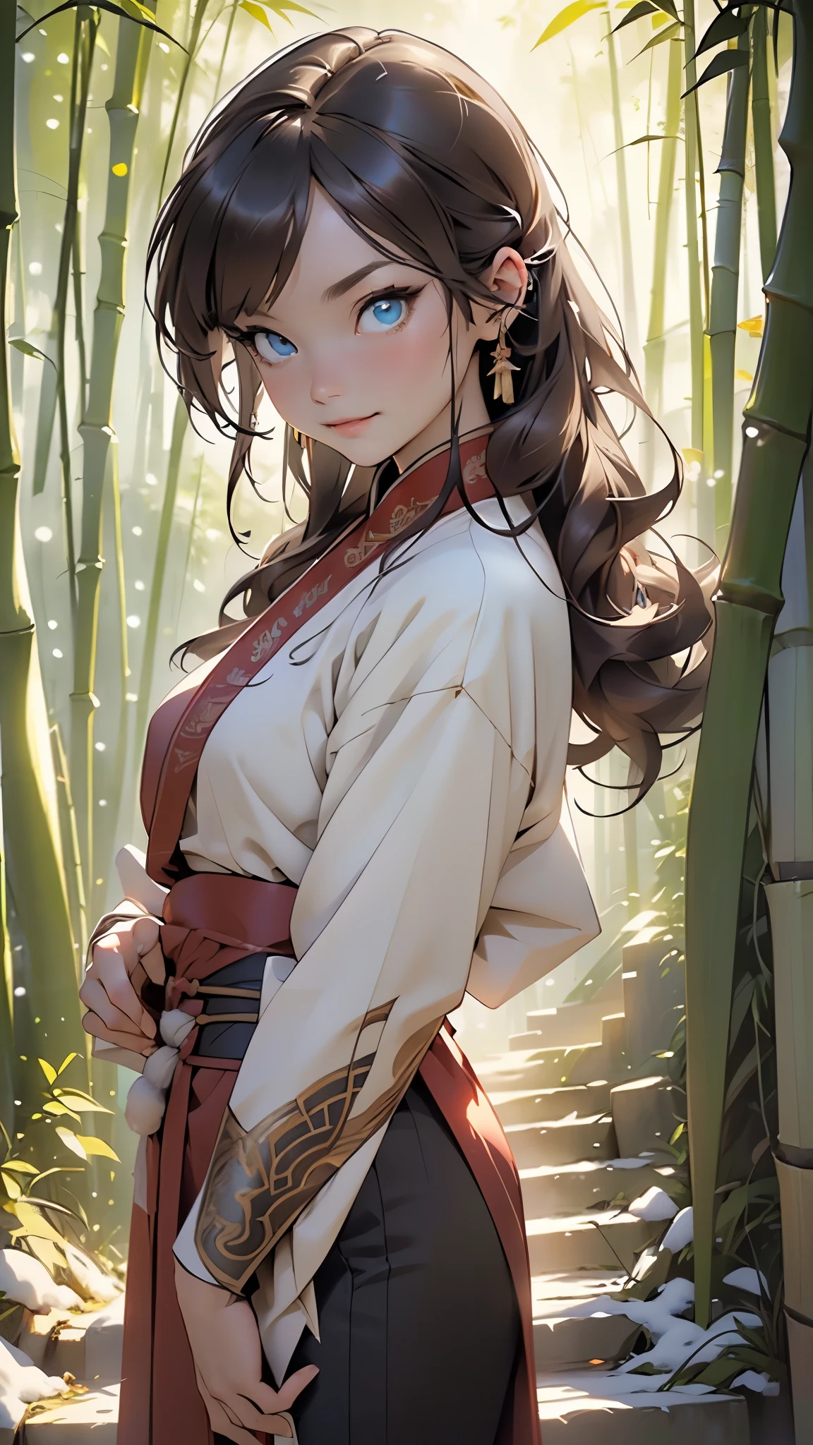 male, muscle, 1boy, muscular, 75 year old man,young,1 man,(((1male,1 male, 1man, 1 man,man:1.5,male gender:1.5,male focus))),((brown hair)),(((blue_eyes:1.3))),intricate eyes,beautiful detailed eyes,symmetrical eyes,((brown hair)),
(((Hanfu, armor, Guan yu, Guan Yunchang, long hair, mean eyes, red robe))), beautiful Asian wuxia, modern wuxia, (((Asian))), straight brown hair,((bulge in pants)),((red clothes theme,intricate outfit,intricate clothes)),
(dynamic pose:1.0),smile,(centered,scale to fit dimensions,Rule of thirds),
outdoors,(waterfall,bamboo,river,snow bamboo forest,japanese temple,red lanterns burning,temple in the snow forest,mossy stairway in the temple,dilapidated temple,bamboo sanctuary,),scenery,extremely scenery,winter,scenery:1.25,((intricate scenery)),((snow bamboo forest background)),
(Glossy winter ornaments),highres,sharp focus,(ultra detailed,extremely detailed),(photorealistic artwork:1.37),(extremely detailed CG unity 8k wallpaper),(((vibrant colors,vibrant theme))),(intricate),(masterpiece),(best quality),artistic photography,(photography taken by sldr),(intricate background),perfect rendered face,perfect face details,realistic face,photo realistic,((intricate detail)),(((realism))),