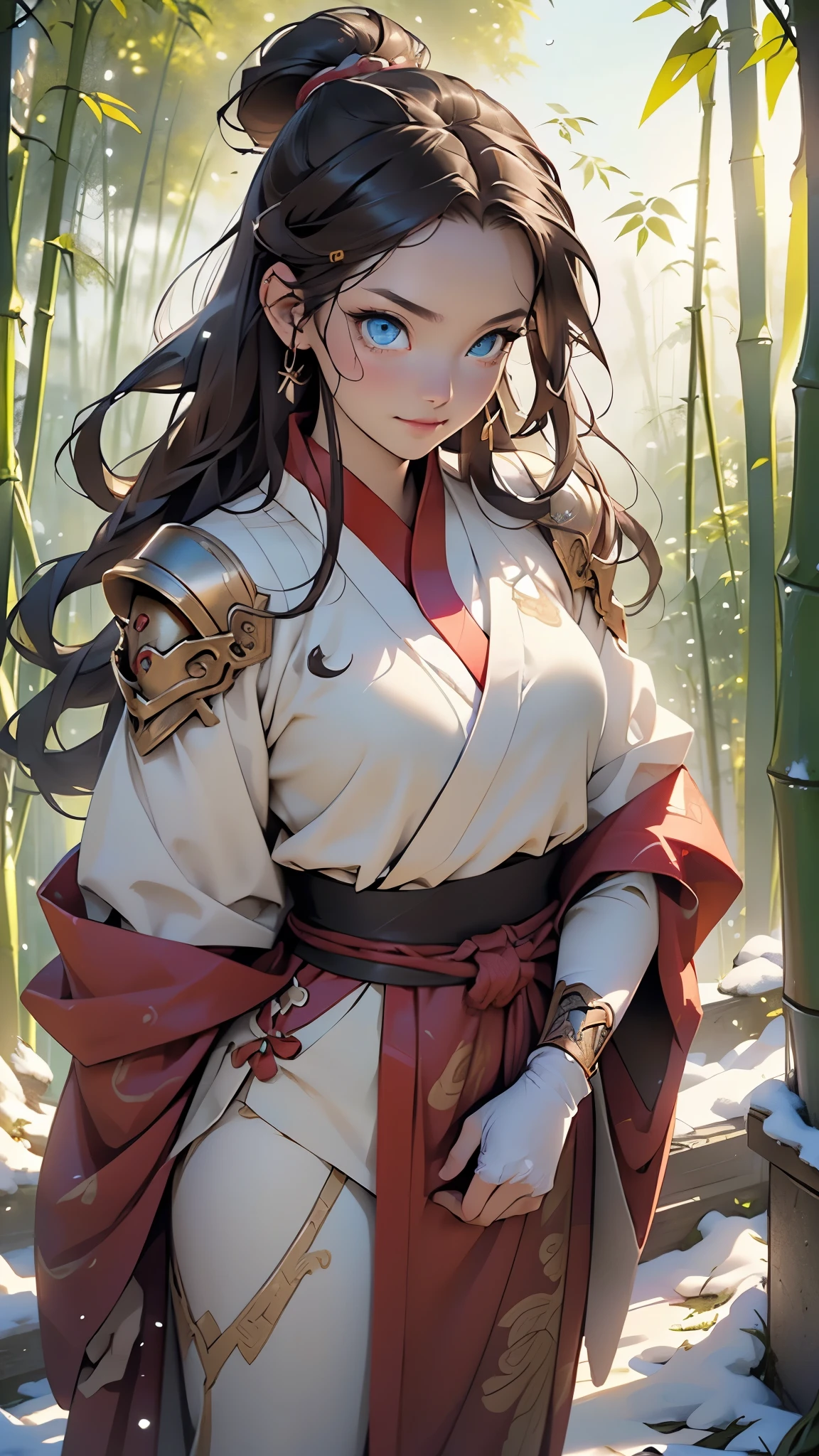 male, muscle, 1boy, muscular, 75 year old man,young,1 man,(((1male,1 male, 1man, 1 man,man:1.5,male gender:1.5,male focus))),((brown hair)),(((blue_eyes:1.3))),intricate eyes,beautiful detailed eyes,symmetrical eyes,((brown hair)),
(((Hanfu, armor, Guan yu, Guan Yunchang, long hair, mean eyes, red robe))), beautiful Asian wuxia, modern wuxia, (((Asian))), straight brown hair,((bulge in pants)),((red clothes theme,intricate outfit,intricate clothes)),
(dynamic pose:1.0),smile,(centered,scale to fit dimensions,Rule of thirds),
outdoors,(waterfall,bamboo,river,snow bamboo forest,japanese temple,red lanterns burning,temple in the snow forest,mossy stairway in the temple,dilapidated temple,bamboo sanctuary,),scenery,extremely scenery,winter,scenery:1.25,((intricate scenery)),((snow bamboo forest background)),
(Glossy winter ornaments),highres,sharp focus,(ultra detailed,extremely detailed),(photorealistic artwork:1.37),(extremely detailed CG unity 8k wallpaper),(((vibrant colors,vibrant theme))),(intricate),(masterpiece),(best quality),artistic photography,(photography taken by sldr),(intricate background),perfect rendered face,perfect face details,realistic face,photo realistic,((intricate detail)),(((realism))),