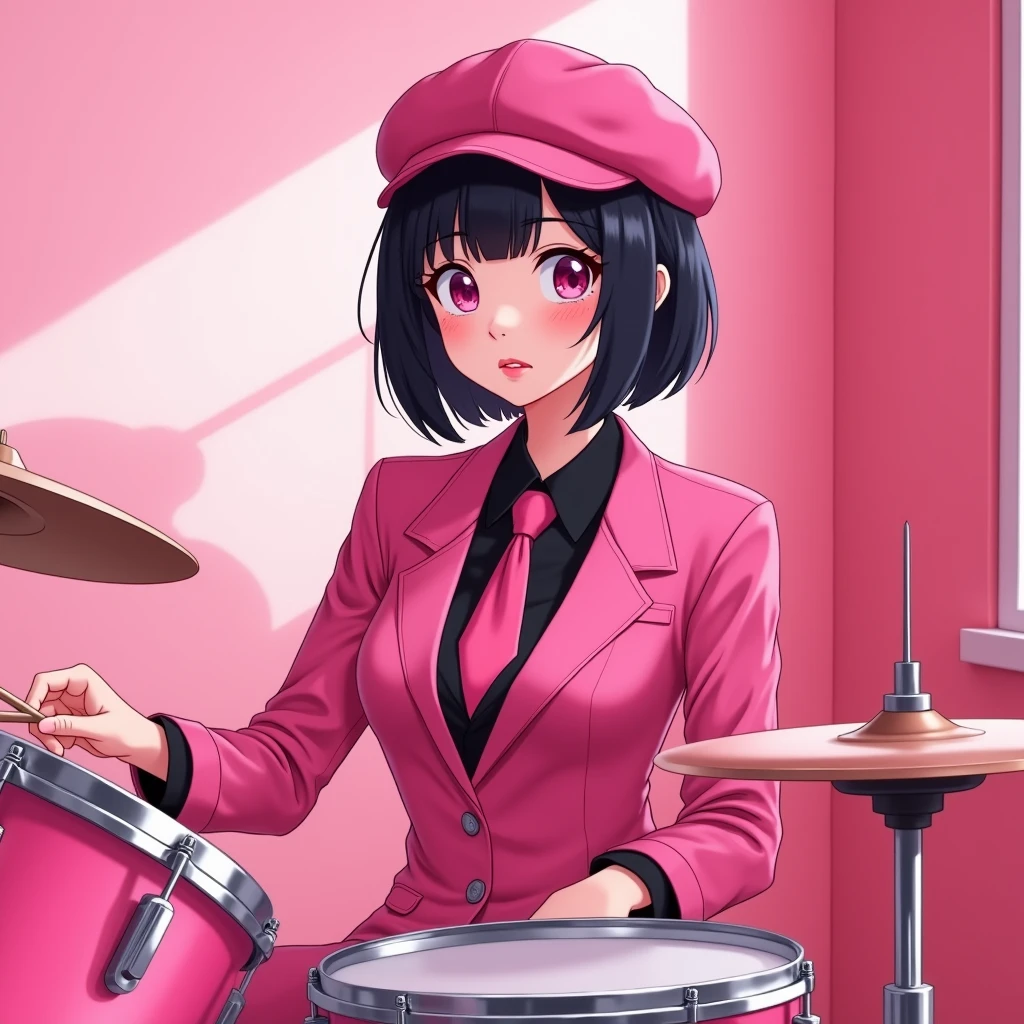 The young woman short black hair and pink eyes wear a pink suit, black shirt, magenta necktie, pink cap, black pencil skirt, black underpants, black tights, black socks, adidas pink sneakers.

She wear glasses, sit on the drum chair, pink drum set, pink room, cartoon anime, 4K, HD