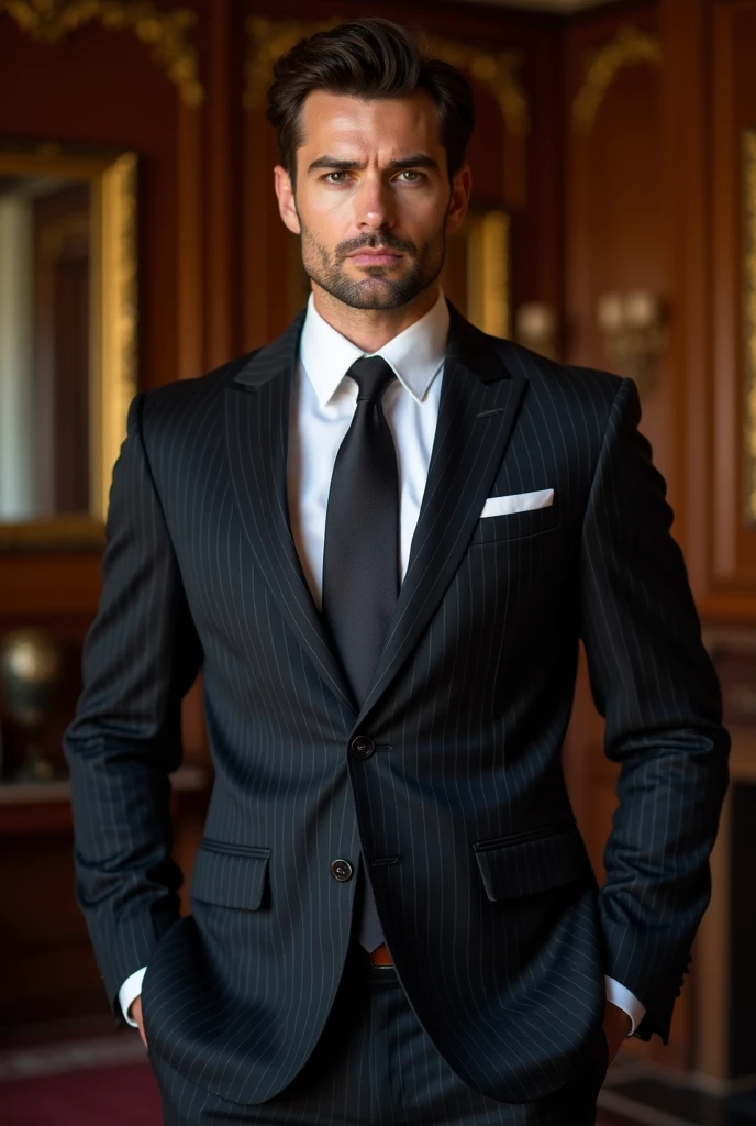 there is a man in a suit and tie standing in a room, handsome stunning realistic, in a strict suit, in the art style of bowater, realistic artstyle, wearing a strict business suit, in his suit, anime handsome man, inspired by Nelson Alexander Ross, high quality portrait, in strict suit, epic and classy portrait, commission for high res