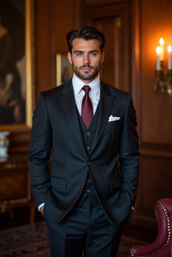there is a man in a suit and tie standing in a room, handsome stunning realistic, in a strict suit, in the art style of bowater, realistic artstyle, wearing a strict business suit, in his suit, anime handsome man, inspired by Nelson Alexander Ross, high quality portrait, in strict suit, epic and classy portrait, commission for high res