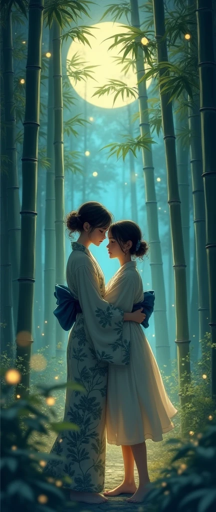 Bamboo Forest,Moonlight, woman in kimono,Two girls kissing