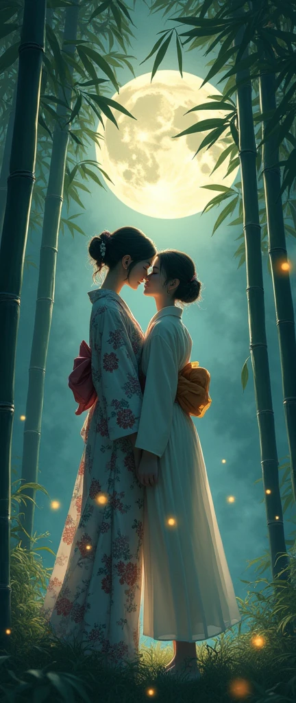 Bamboo Forest,Moonlight, woman in kimono,Two girls kissing
