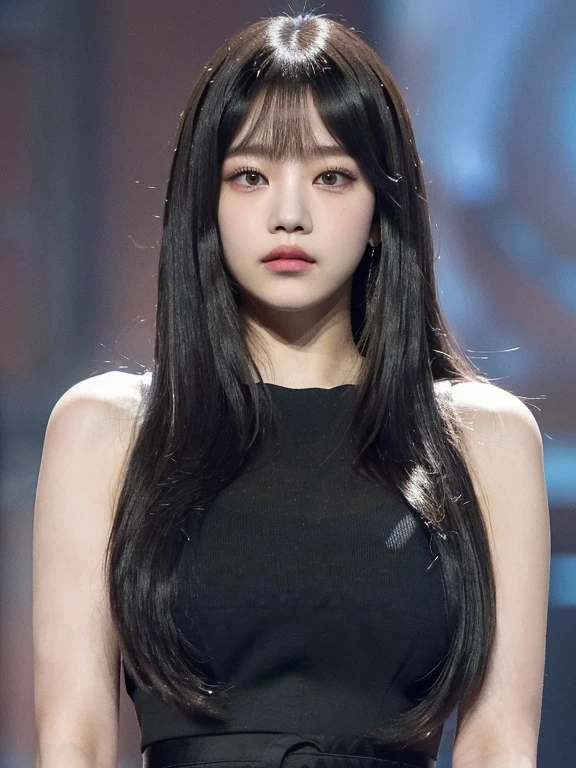 un primer plano de una mujer con cabello largo y vestido negro, ella tiene el pelo negro con flequillo, pelo largo negro con flequillo, Lalisa Manoban de Blackpink, long hair con flequillo completo, pelo cortado hime negro, cabello limpio con flequillo, sui ishida con cabello negro, con flequillo completo, Lalisa Manobal, el corte de himeXision Wu, jisoo from blackpink, popular south korean makeup, quality detailed ,(beautiful makeup :1.2), Wide hips, big, big ass, (best quality, 8K, masterpiece: 1.3), Clear focus: 1.2, Perfect body beauty: 1.4, strong abs, Very detailed face and skin texture. , detailed eyes, double eyelids, (long hair), having very marked curves, with greater volume in ((hips and breasts)), which makes the waist look much smaller ((wasp waist)).