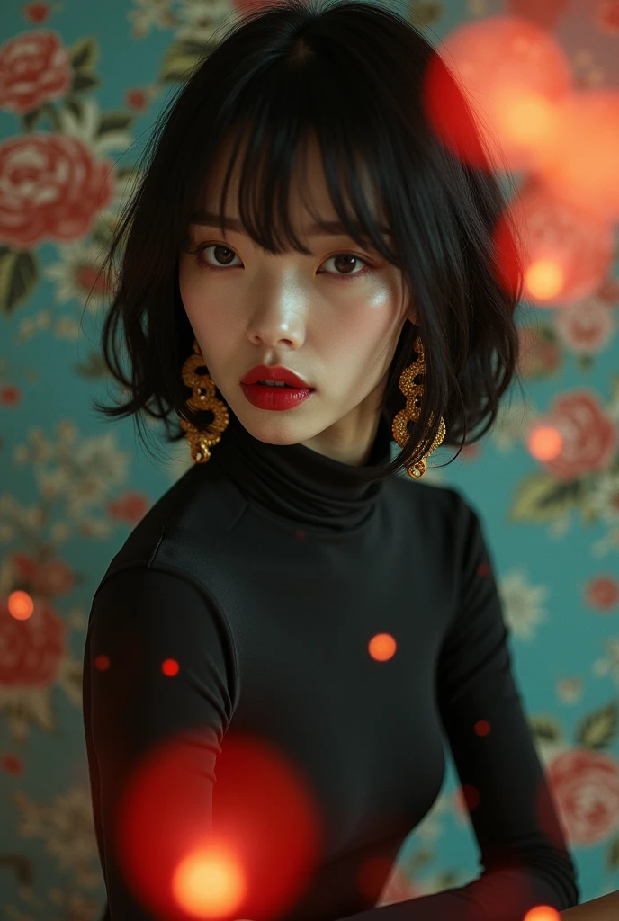 editorial photography,super detailed background,Super realistic,double exposure,depth of field,asian beauty super skinny vides,soft focus tone,narrative scene,Wabi-Sabi wallpaper,open Crimson lips,narrow eyes,complex 3D structure matte rubber long sleeve bodysuit,super short bob-cut hairstyle,Scattered luminous earrings,inner thigh,,