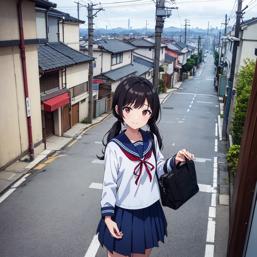 background, hill,
tokyo (city),
city, cityscape, apartment, skyscraper, architecture, building,
(downhill:1.4), road, street, pavement, asphalt,
(power lines, utility pole:1.4),
drain (object),
rooftop,
(ocean:1.2), water,
horizon, sky line,

1girl, **yo,
standing,
gentle smile,
black hair, (low twintails), low pigtails, red ribbon in hair,  very long hair,
navy-blue sailor collar, white school uniform, blue ribbon, serafuku, 
navy-blue skirt,
(dark brown eye),
1 student bag on right shoulder,

day, summer,
from front, (from above:0.7),
high brightness, detailed face, detailed eyes, detailed girl,
(high quality, ultra detailed, masterpiece, super detail, highres, anatomically correct, UHD),
Japanese anime style, beautiful fingers, beautiful hands