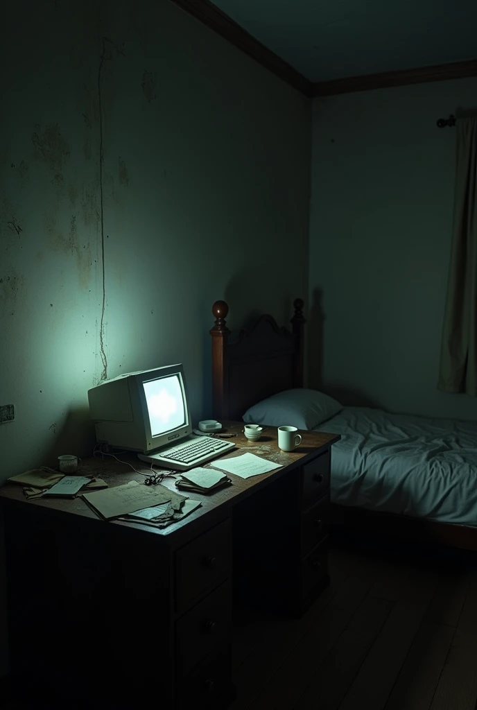 A very very sad sad room with a table a bed and a computer and a really sad atmosphere