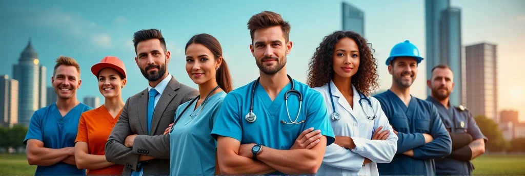 I created a banner with real people in 8k with professions like: farmer, nurse, lawyer, doctor, janitor, Policerman, an image with a background that brings technology and current affairs that shows the diversity of professions.