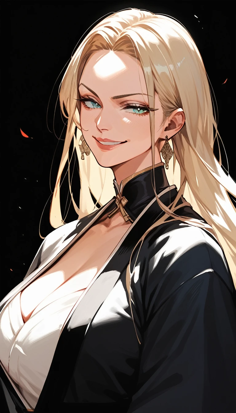 (mature female:1.4), (masterpiece, best quality:1.2), (highres), selvaria, japanese clothes, black kimono, upper body, looking at viewer, smirk, simple black background