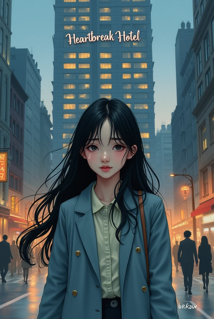 book cover, realistic drawing: Korean girl, long wavy black hair, sobbing, walking down the street, behind a gray hotel, but in an urban city. The name of the book would be "Heartbreak Hotel", author "iKakaw"