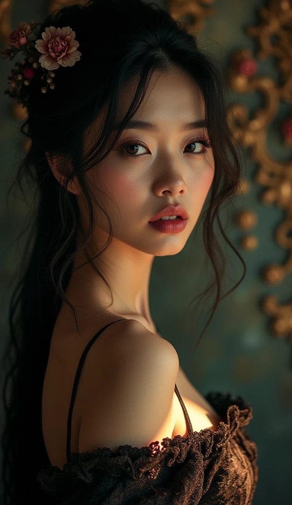 beautiful detailed eyes, beautiful detailed lips, extremely detailed eyes and face, long eyelashes, 1 girl, asian, busty, sensual, elegant, mystical, fantasy, dark fantasy, dramatic lighting, moody, cinematic, ornate, intricate, baroque, oil painting, dramatic, chiaroscuro, warm color palette, dramatic lighting, cinematic composition
