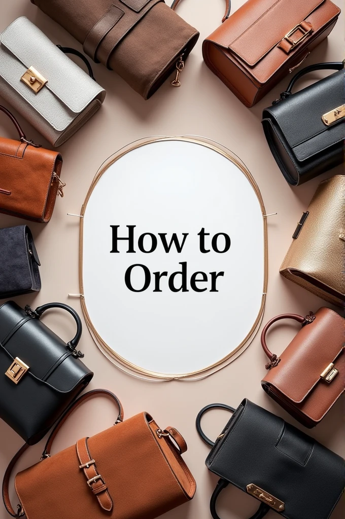 Creat a realistic image full of luxury bags and write "how to order" in the center of the image in circle . Theme should be white sky and zinc
