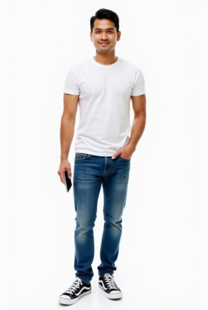 Thai man, tan skin, black hair, wear white t-shirt, blue jeans,  black canvas shoes, hold smartphone, white background