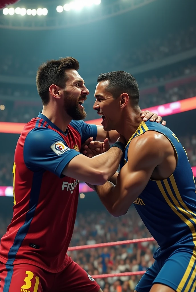 messi punch cristiano ronaldo face,WWE championship match,two professional soccer players fighting,intense action scene,dramatic sports event,realistic 3D render,hyperrealistic,cinematic lighting,vivid colors,intense motion blur,masterpiece,(best quality,8k,photorealistic,hyper detailed:1.5),ultra detailed facial features,extremely realistic human anatomy,(dramatic,intense:1.2)