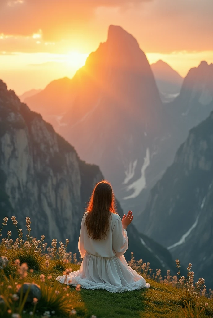 a woman praying before a mountain