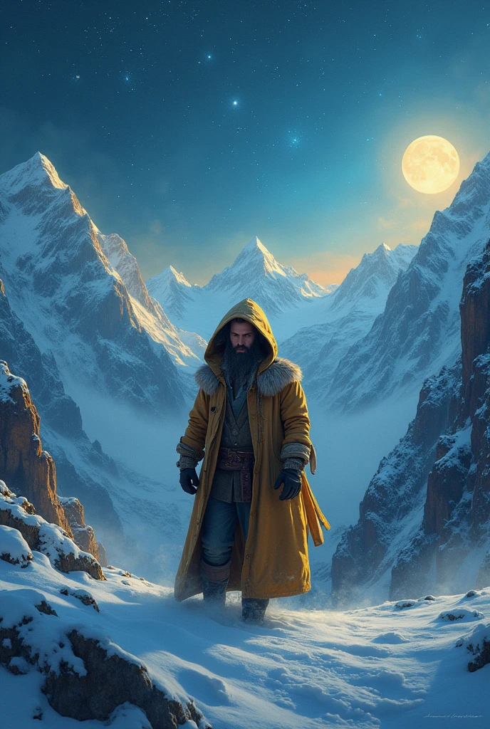 35mm film photography, A snowy mountain landscape under a starry night sky. A bearded mountain man Homeless hooded cloak middle-aged walker lonely takes a step outside, his breath visible in the cold air., studio lighting, copy background, professional grading, advertising, cinematic angle composition, 50mm, high detail, vibrant color palette, close up, wide-angle shot, lens flare, 3D effect ultra-detailed intricate insanely full HD, full body portrait, hyperrealist artwork, photorealistic digital painting cinematic film light, expressive eyes, A whimsical Victorian gothic steampunk, adorned in a golden jacket, captured in a low-angle shot. Surreal lighting casts enchanting shadows, enhancing her cute yet mysterious aura, In the museum city a night a woman hand holding a polaroid picture of a bearded mountain man grinding on the top, Carlos Catasse, holography, bearded mountain man photography, a polaroid photo, 3D effect ultra-detailed intricate insanely full HD, golden ratio, volumetric modeling, spotlight embroidery, accents, intense gaze, digital painting cinematic film light, expressive eyes, ultra-realistic, ultra detailed, photorealistic, , surreal, , indie film screencap, adventure, epic fantasy surreal divine presence edge of reality,