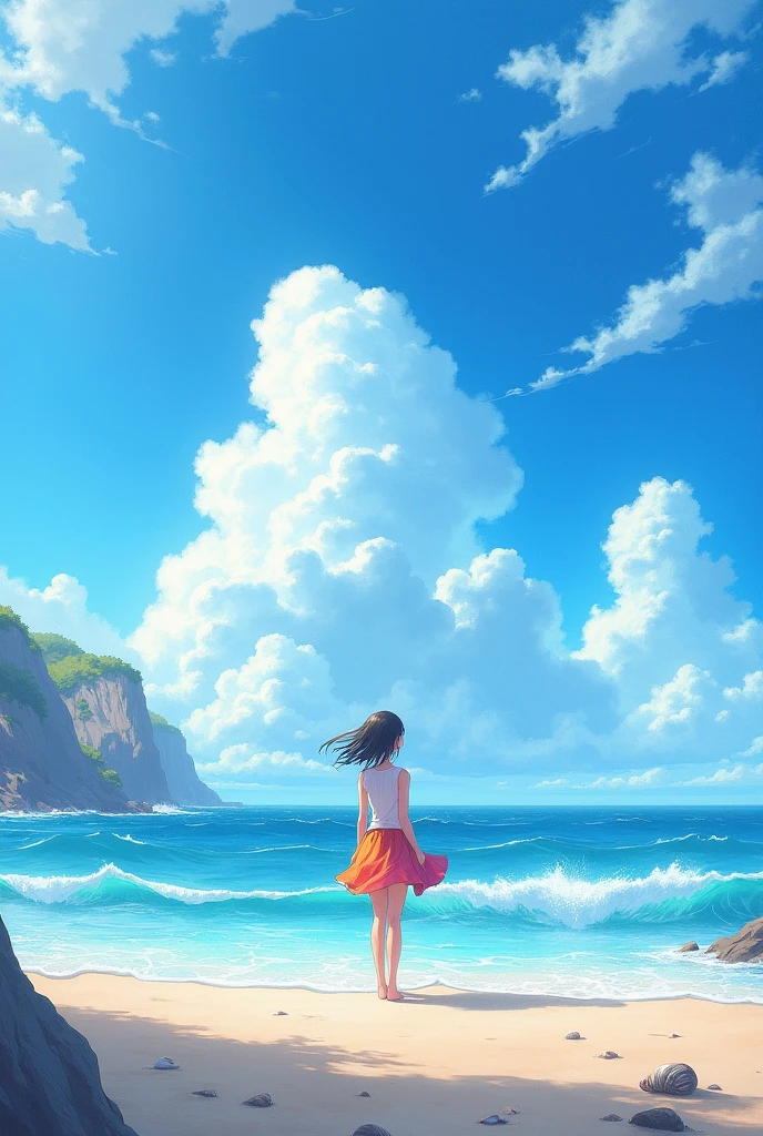 1 girl,Solitary,Blue sky, ocean, Short skirt, (Very detailed background:1.0), (Very detailed background:1.0),