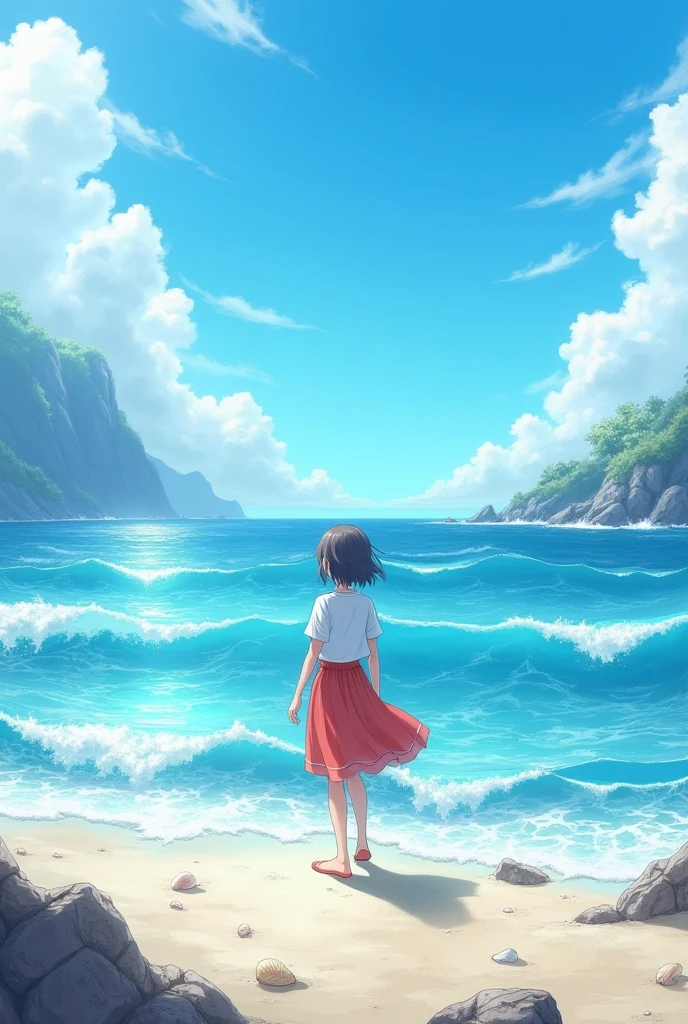1 girl,Solitary,Blue sky, ocean, Short skirt, (Very detailed background:1.0), (Very detailed background:1.0),