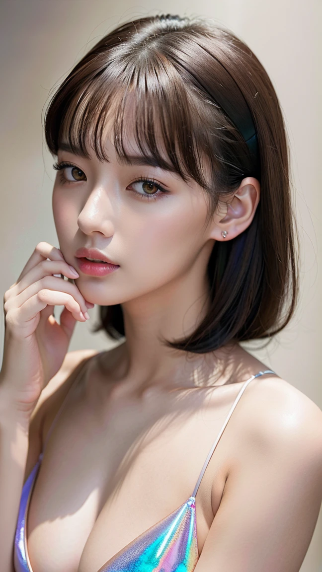 18 year old big breasted Japanese girl、Photorealistic Realism 8K、16K quality、(Very absurd quality、Very detailedなディテール、Super Resolution、Crisp and sharp focus、Not blurry、(Realistic brown eyes:1.35))、((The perfect dark eyeshadow:1.45))、(Very detailedな、Beautiful little nose:1.2)、(Perfect composition)、Written boundary depth、Cinematic Light、Lens flare、(so beautiful顔、Beautiful Lips、Beautiful Eyes)、An exquisitely crafted face、最高のhigh qualityのリアルな質感の肌:1.3、Woman with velvet skin:1.33)、((最高のhigh qualityのリアルな質感の髪))、(Short blonde)、(Wave、Upward、Behind the ears)、((Very detailed:1.38))、Photos of the most beautiful works of art in the world、Soft lighting、high quality、dramatic、(Anatomically perfect proportions)、((Perfect hands:1.2))、(so beautiful face:1.33)、((Perfect female body:1.4))、cute、((Firm and full breasts))、(Perfect eyes of the most absurd quality:1.35)、((so beautiful, Cute and sharp face))、(Light pale complexion)、(Transparent holographic micro bikini:1.3)、Ultra-tight transparent bodysuit with ultra-reflective surface、((Upper body shot above the knees))、I am seeing this、 ((Fat))、(((Glowing Skin:1.5、White skin: 1.5、Glowing Skin、非常にGlowing Skin)))、Detailed body、Droopy eyes、(Obscene、Pussy Line:1.2)、Thin pubic hair、High heels、
