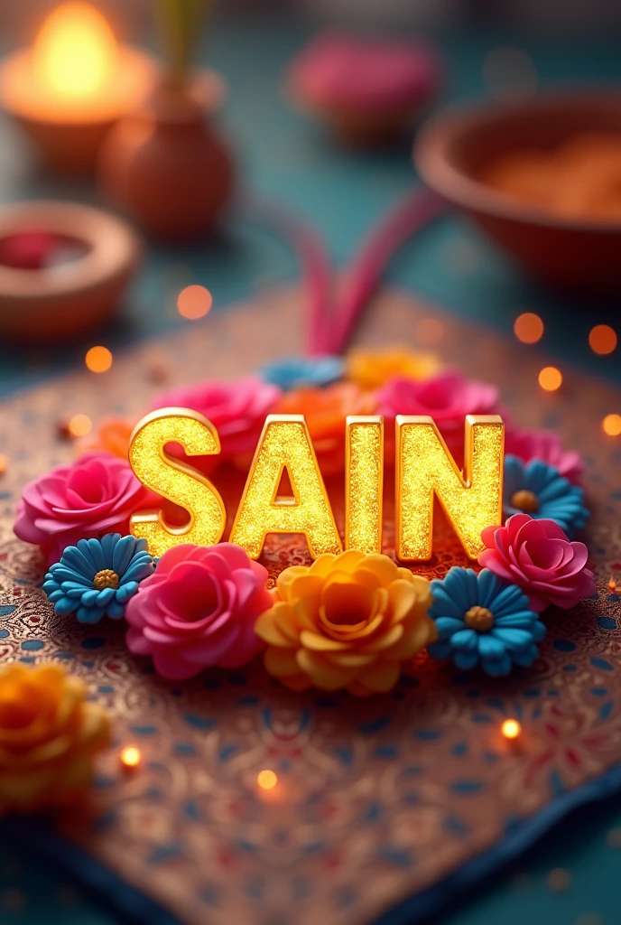 Create a digital 3d ultra HD glossy indian rakhi. Made by beautiful colourful flowers. In the middle of the rakhi there will be written "SAIN" in glowing golden artistic way