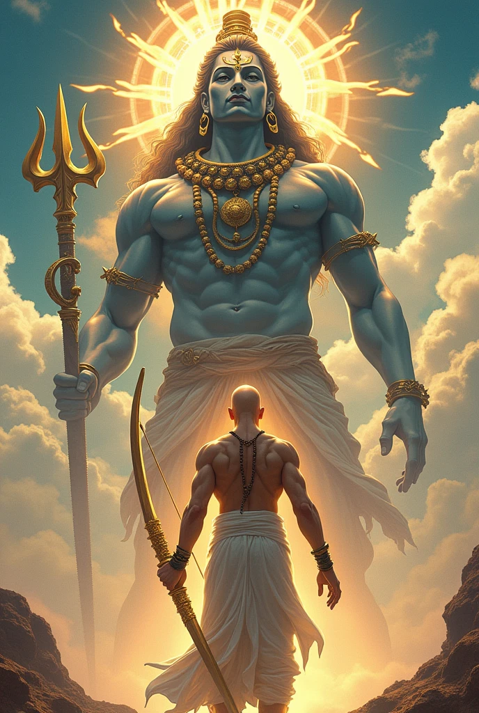 Create the image of the magician Shantih by invoking a Pashupatastra with the following instructions:
#Appearance The wizard Shantih wears ordinary white clothing and a necklace with large beads. (japamala), closely resembling a Buddhist preacher. Furthermore, presents a third eye (bindi) and a great muscular build, which makes others mistake him for a martial artist. He's bald and doesn't have a beard.
Pashupatastra is an astra , a heavenly missile, affiliated with the Hindu deity Shiva , bem como Kali e Adi Parashakti , that can be triggered by the mind, through the eyes, by words or by a bow. Should never be used against lesser enemies or by lesser warriors. (humans), Pashupatastra is capable of destroying creation and defeating all beings. It is one of the six Mantramukta weapons that cannot be resisted..
It is the most powerful astra of Shiva, and the embodiment of his energy and power. When fired, a manifestation of Shiva appears in the sky with a thousand heads., thousand eyes, a thousand stomachs and a thousand feet. Possesses the absolute power capable of annihilating anything, including divine entities and universal creation itself. This weapon had to be obtained directly from Shiva.
attention : Shantih is holding the golden bow Gandiva and aiming at the Pashupatastra like an arrow. The manifestation of the thousand heads of Shiva is right behind the character. Place multiple Shiva faces in the image. It needs to be quite extravagant as described and unrealistic. Both Shantih and Shiva face the viewer. They are an anime drawing.