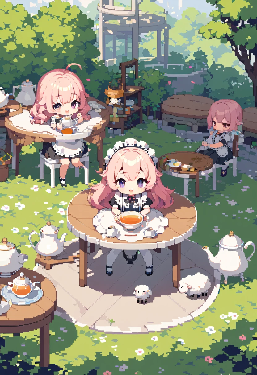 masterpiece, Highest quality, 8k, Beautiful pixel art, Vivid, Sheep, young woman, Open your mouth, ((Fluffy hair)), Long Hair, Hair like sheep's hair, Pink Hair, eyebrow, 太いeyebrow大きな目の人形1体，Maid clothes，pantyhose，Heel, garden, Stylish white round table, A white chair２foot, Teapot, Tea utensils, On the table, Brewing tea