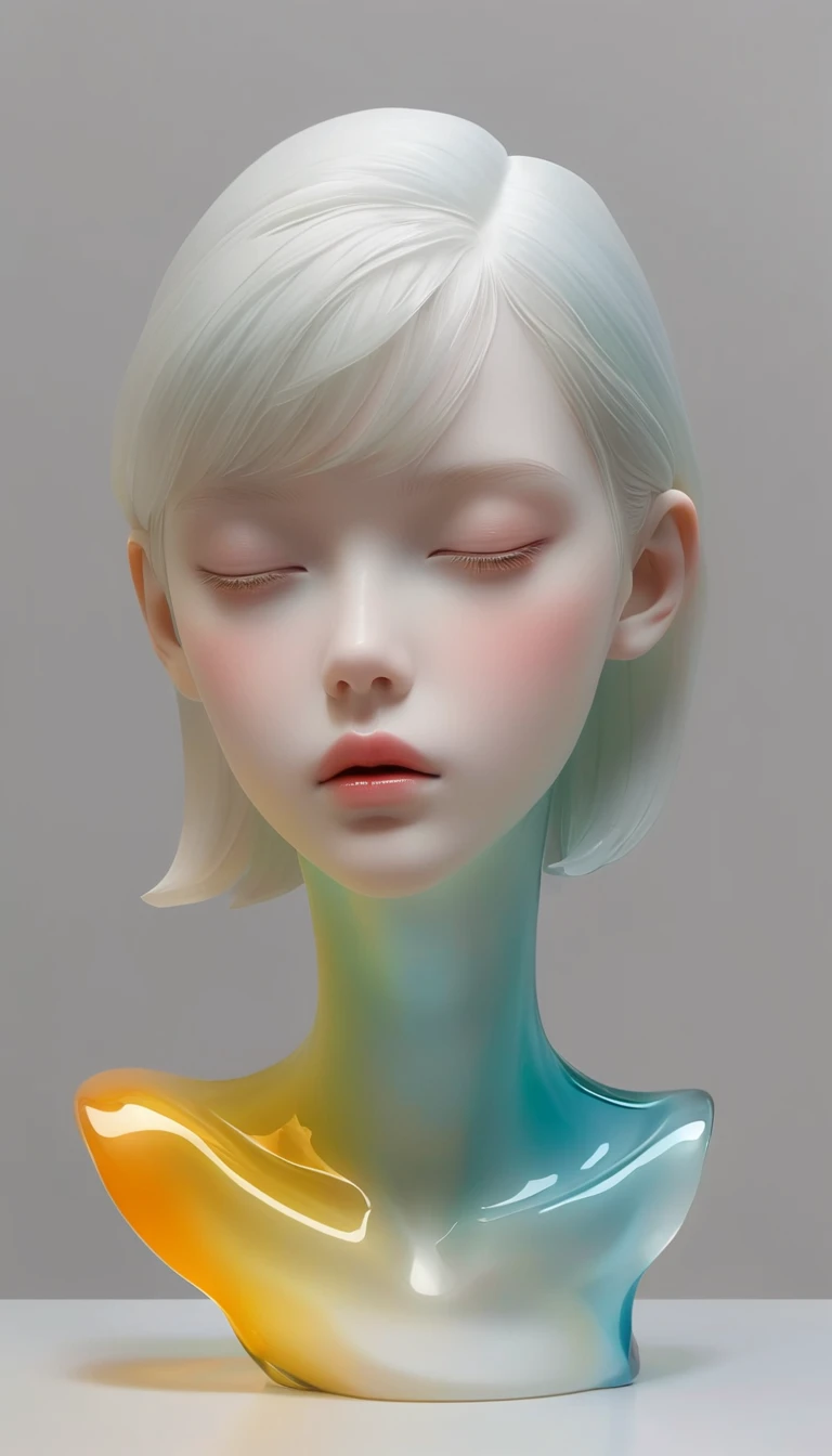 A 3D portrait sculpture is placed on a central stand..，simple，minimalism，Beautiful girl，Soft and elegant colors，Colored glass transparent